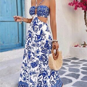 SHEIN Blue and White Floral Maxi Dress